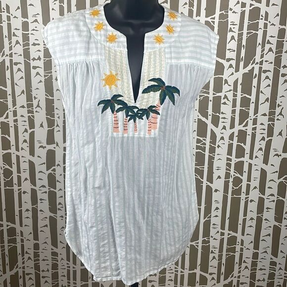 Madewell Palm Tree Sunshine Embroidered Blue White Striped Sleeveless Top XS - Picture 2 of 13
